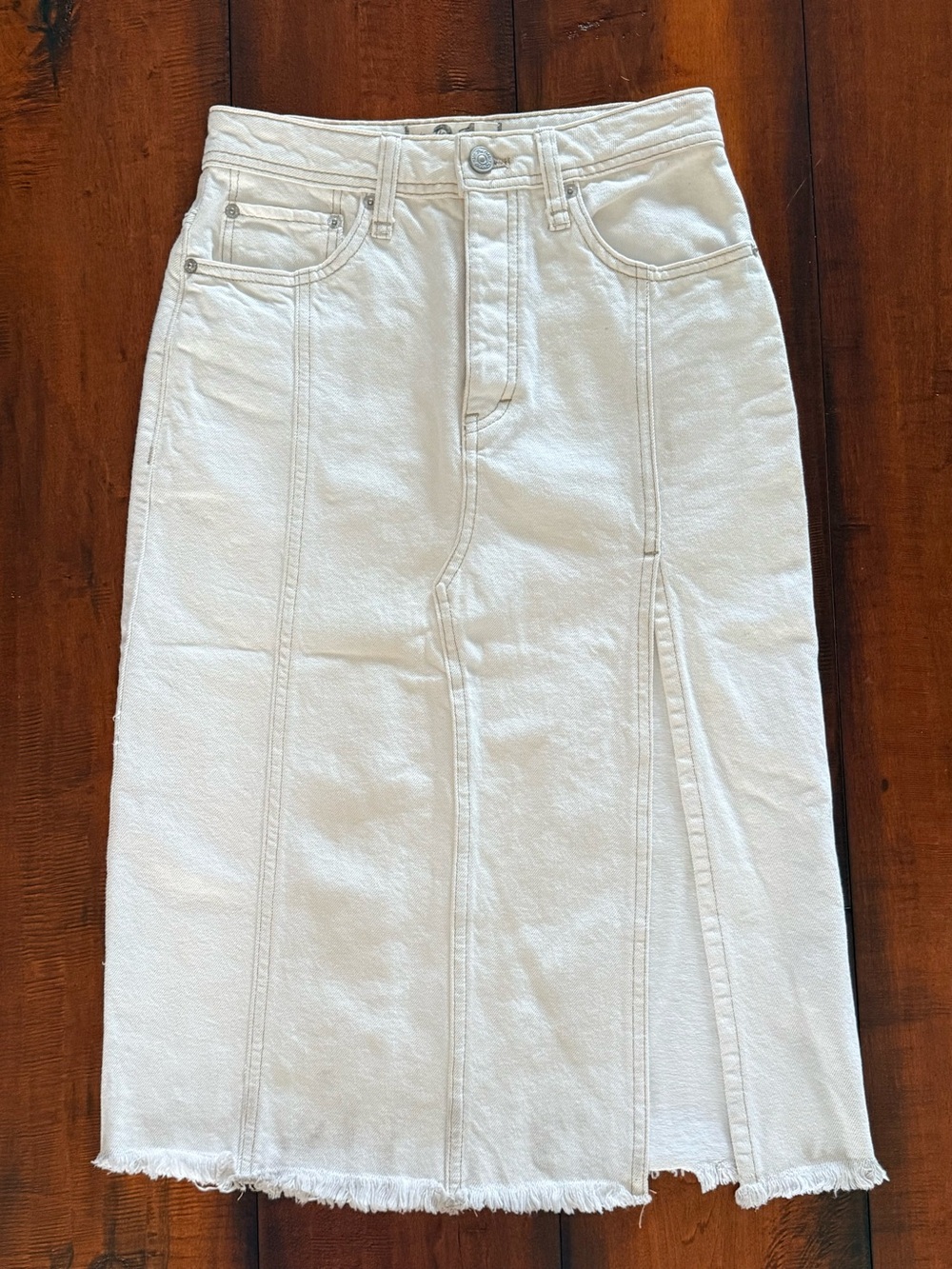 Free People White Denim Midi Skirt with Panel Seams